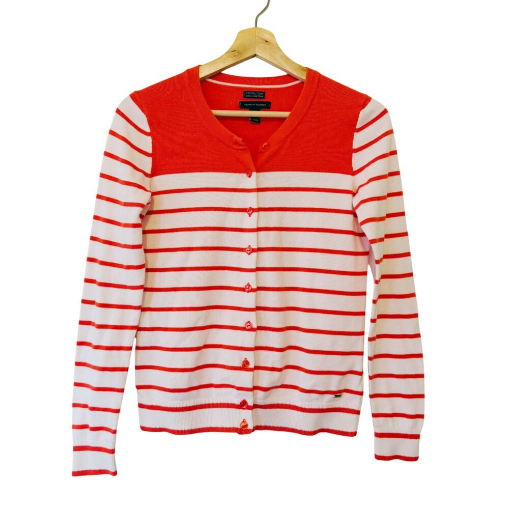 TOMMY HILFIGER Preppy 100% Pima Cotton Nautical Red Stripe Cardigan Sweater XS